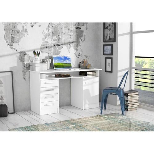 Bureau Droit à Clés Avec 1 Porte Et 4 Tiroirs - Décor Papier Blanc - 126 X P 55 X H 76 Cm - Alicant