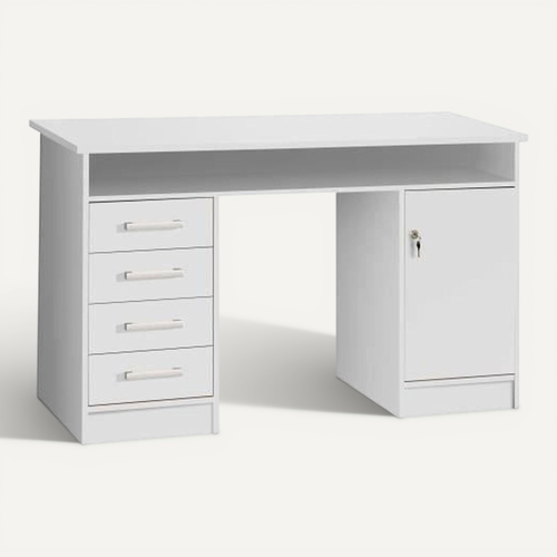 Bureau Droit à Clés Avec 1 Porte Et 4 Tiroirs - Décor Papier Blanc - 126 X P 55 X H 76 Cm - Alicant