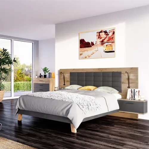 Lit 180x200cm chevets intégrés RICCIANO imitation chêne béton gris