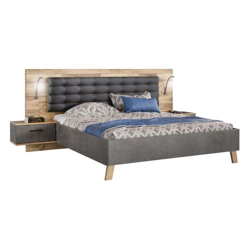 Lit 180x200cm chevets intégrés RICCIANO imitation chêne béton gris