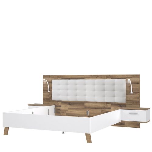 Lit 180x200cm chevets intégrés RICCIANO imitation chêne et blanc vue de profil