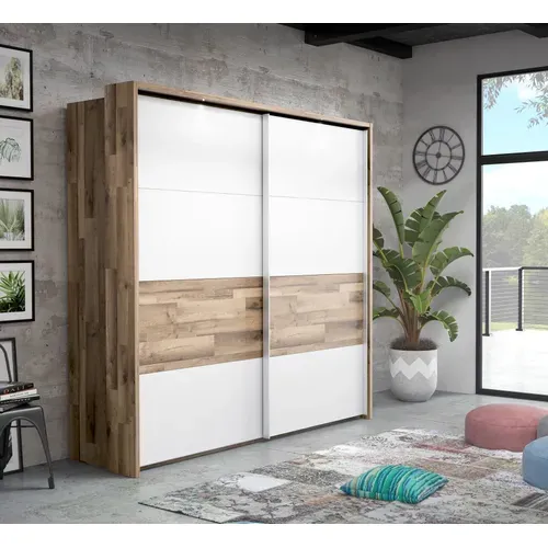 Armoire 2 portes coulissantes RICCIANO imitation chêne et blanc