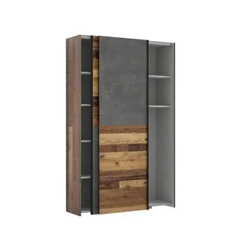 Armoire Coulissante 2 Portes 6 Tablettes 120 Cm Béton Gris/vieux Bois