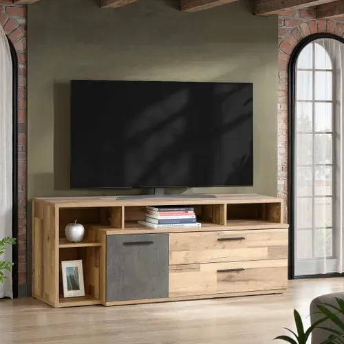 Meuble TV L.153cm GAIA Imitation bois et béton vue d'ambiance 1