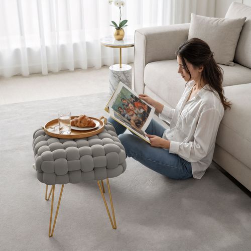 Tabouret En Velours Tressé Rembourré 38 Cm Dotty Gris Clair