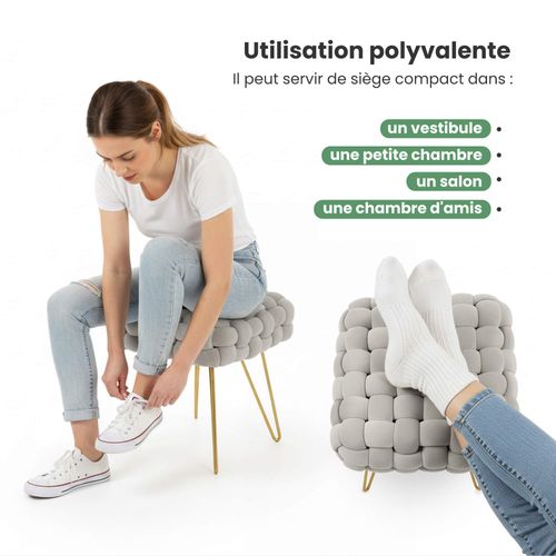 Tabouret En Velours Tressé Rembourré 38 Cm Dotty Gris Clair