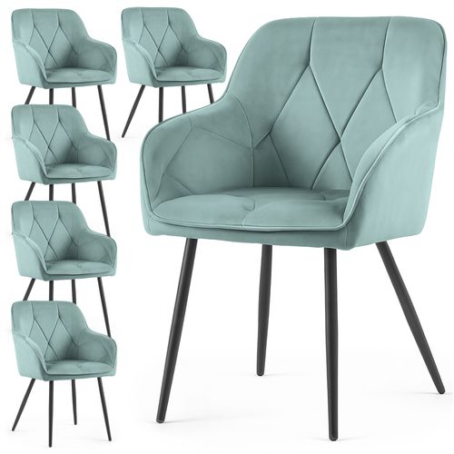 Lot De 6 Chaises En Velours Matelassées Diamante Turquoise Pieds Noirs