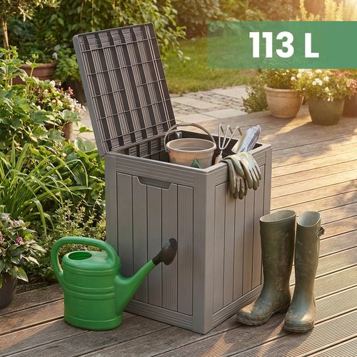 Coffre De Jardin Imperméable 113l Boîte De Rangement Extérieur Balcon Plastique Polypropylène Gris