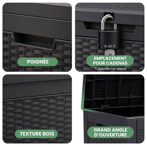 Coffre De Jardin Imperméable 340l Boîte De Rangement Extérieur Balcon Plastique Polypropylène Noir