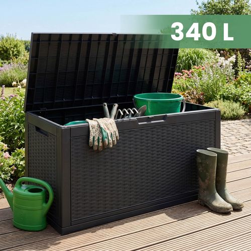 Coffre De Jardin Imperméable 340l Boîte De Rangement Extérieur Balcon Plastique Polypropylène Noir