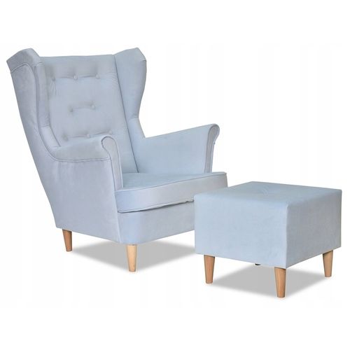 Fauteuil à Oreilles Diana Avec Pouf, Style Scandinave, Bleu, 92x84x104 Cm