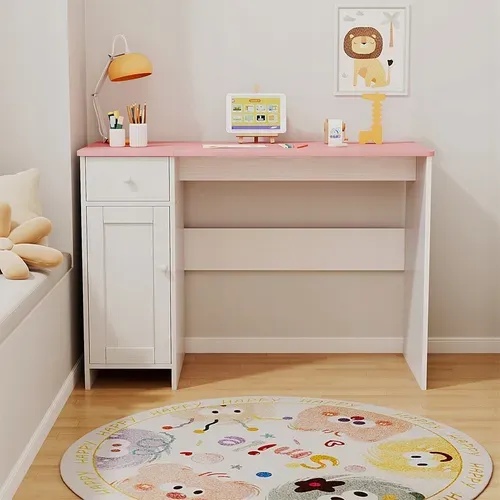 Bureau Blanc Avec Tiroir Et Armoire Pour Fille, Avec Plateau Rose, Loft 110 Cm