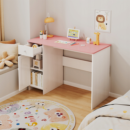 Bureau Blanc Avec Tiroir Et Armoire Pour Fille, Avec Plateau Rose, Loft 110 Cm