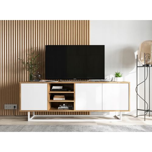 Meuble TV Apollo Chêne Wotan Blanc Mat 150 Cm Cadre Métallique