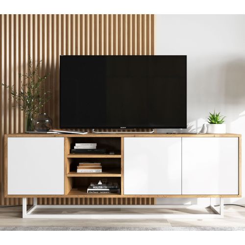 Meuble TV Apollo Chêne Wotan Blanc Mat 150 Cm Cadre Métallique