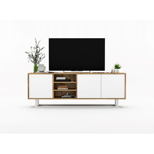 Meuble TV Apollo Chêne Wotan Blanc Mat 150 Cm Cadre Métallique