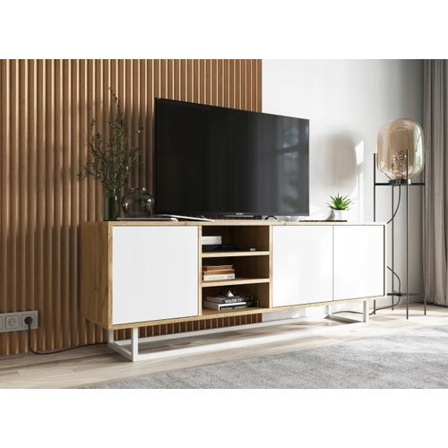 Meuble TV Apollo Chêne Wotan Blanc Mat 150 Cm Cadre Métallique