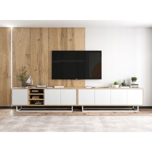 Meuble TV Apollo Chêne Wotan Blanc Mat 150 Cm Cadre Métallique