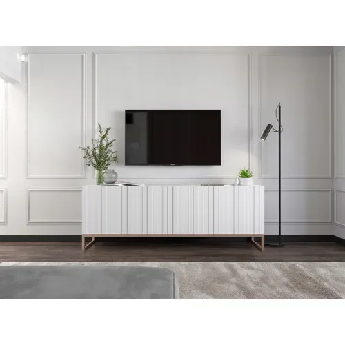 Meuble TV Elpis Façades Rainurées Blanc Mat 150 Cm Cadre En Métal