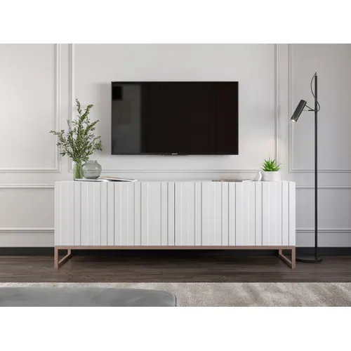 Meuble TV Elpis Façades Rainurées Blanc Mat 150 Cm Cadre En Métal