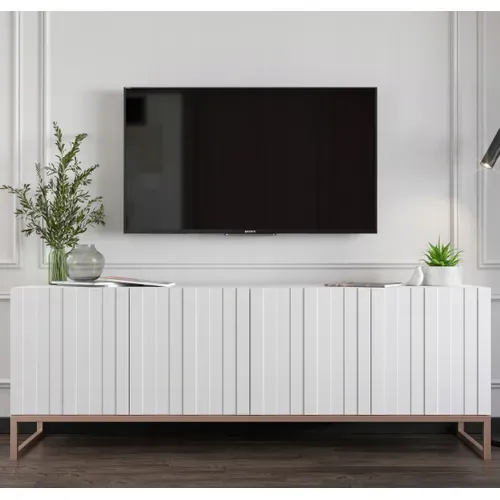 Meuble TV Elpis Façades Rainurées Blanc Mat 150 Cm Cadre En Métal