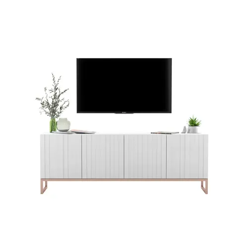 Meuble TV Elpis Façades Rainurées Blanc Mat 150 Cm Cadre En Métal