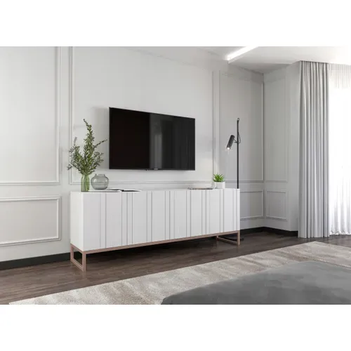 Meuble TV Elpis Façades Rainurées Blanc Mat 150 Cm Cadre En Métal