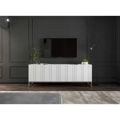 Meuble TV Elpis Façades Rainurées Blanc Mat 150 Cm Cadre En Métal