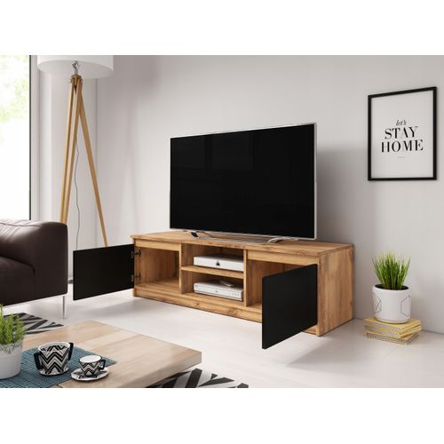 Meuble TV 120 Cm 2 Placards + étagères Chêne Wotan / Noir Mat