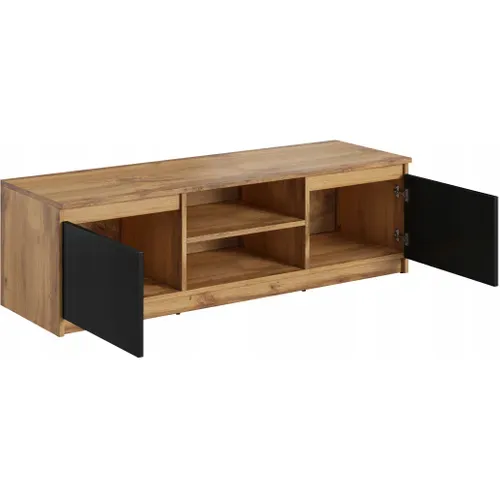 Meuble TV 120 Cm 2 Placards + étagères Chêne Wotan / Noir Mat