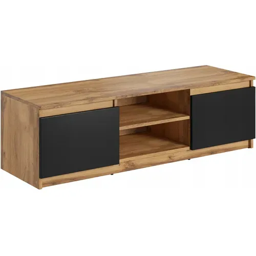Meuble TV 120 Cm 2 Placards + étagères Chêne Wotan / Noir Mat