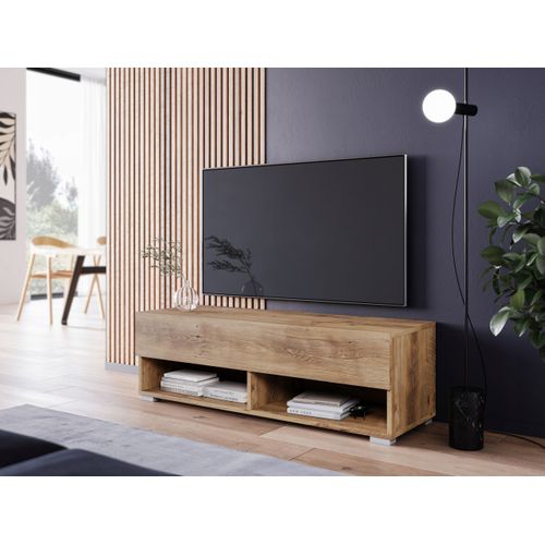 Meuble TV 100 Cm Sans Poignées Châtaignier Mat 1 Abattant Suspendu Ou Posé