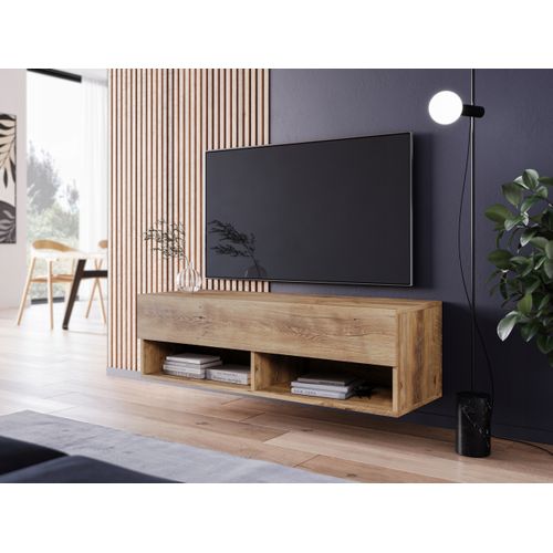 Meuble TV 100 Cm Sans Poignées Châtaignier Mat 1 Abattant Suspendu Ou Posé