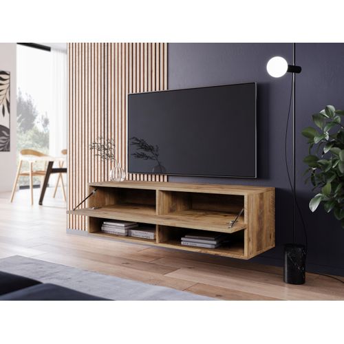 Meuble TV 100 Cm Sans Poignées Châtaignier Mat 1 Abattant Suspendu Ou Posé