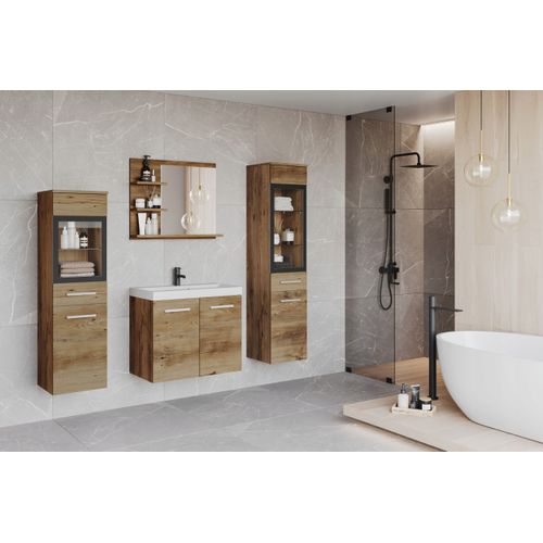 Salle De Bain Suspendue Lavabo 2 Colonnes + Miroir étagères Châtaignier Mat