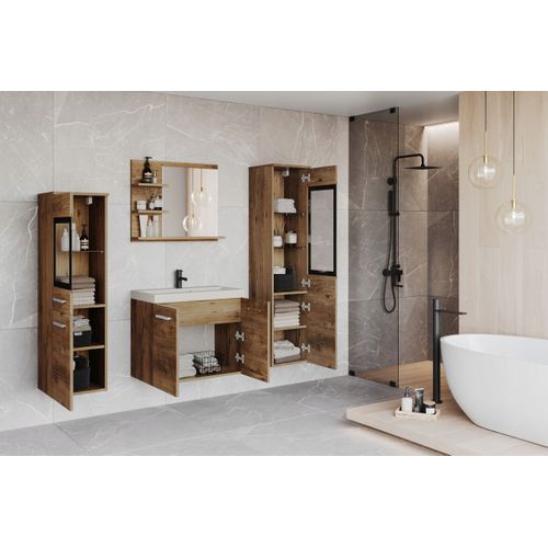 Salle De Bain Suspendue Lavabo 2 Colonnes + Miroir étagères Châtaignier Mat
