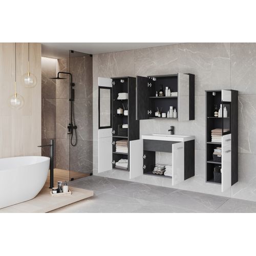 Salle De Bain Suspendue Lavabo 2 Colonnes + Armoire Miroir Matera Mat / Blanc Brillant
