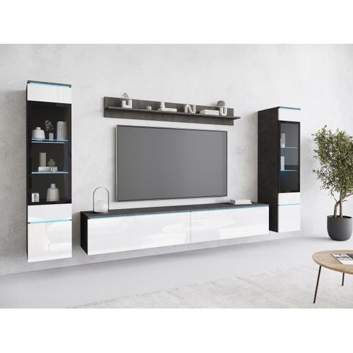 Ensemble Salon 4 éléments: TV 180 + 2 Vitrines + étagère, Matera / Blanc Brillant