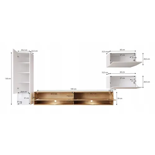 Mur TV Suspendu 180 Cm Colonne + Rangements Graphite Noir Mat