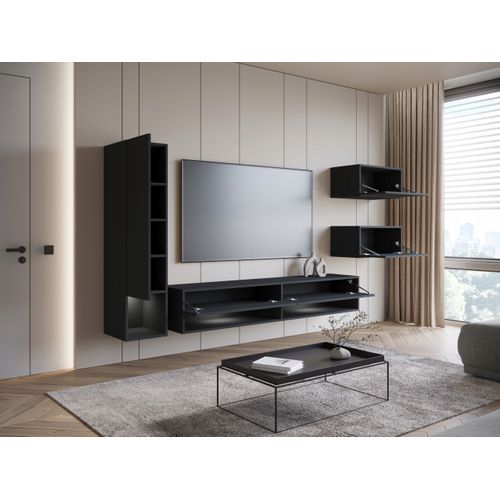 Mur TV Suspendu 180 Cm Colonne + Rangements Graphite Noir Mat