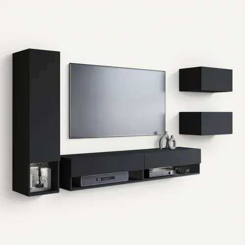 Mur TV Suspendu 180 Cm Colonne + Rangements Graphite Noir Mat