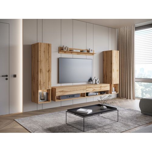 Mur TV Suspendu 180 Cm 2 Colonnes + étagère Chêne Wotan Mat