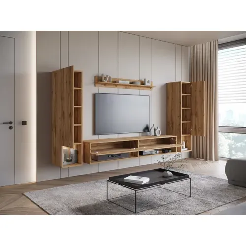 Mur TV Suspendu 180 Cm 2 Colonnes + étagère Chêne Wotan Mat