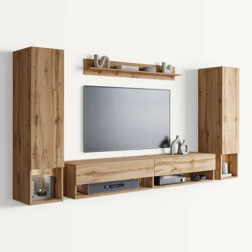 Mur TV Suspendu 180 Cm 2 Colonnes + étagère Chêne Wotan Mat