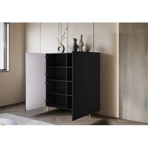 Commode Haute 120 Cm Losanges, Poignées+pieds Dorés, Graphite Noir