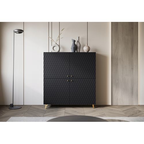 Commode Haute 120 Cm Losanges, Poignées+pieds Dorés, Graphite Noir