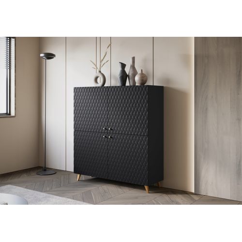 Commode Haute 120 Cm Losanges, Poignées+pieds Dorés, Graphite Noir