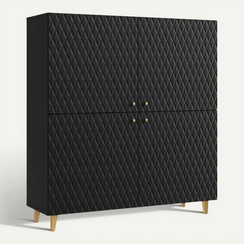 Commode Haute 120 Cm Losanges, Poignées+pieds Dorés, Graphite Noir