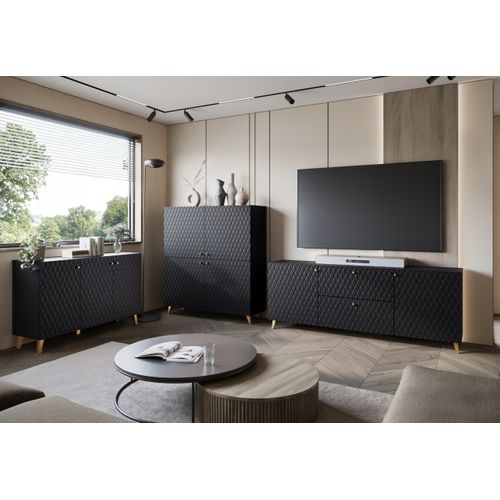 Commode Haute 120 Cm Losanges, Poignées+pieds Dorés, Graphite Noir