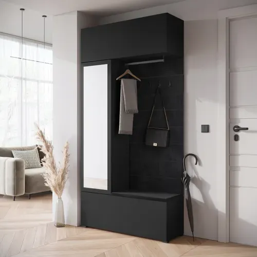 Armoire D’entrée Miroir + Assise + étagères, Noir Mat